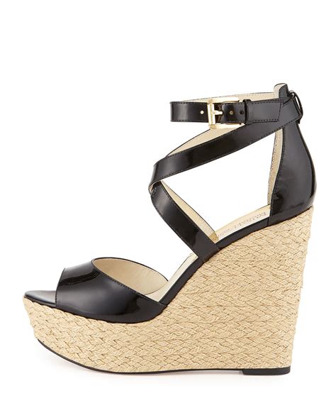 michael michael kors gabriella wedge black patent jute 